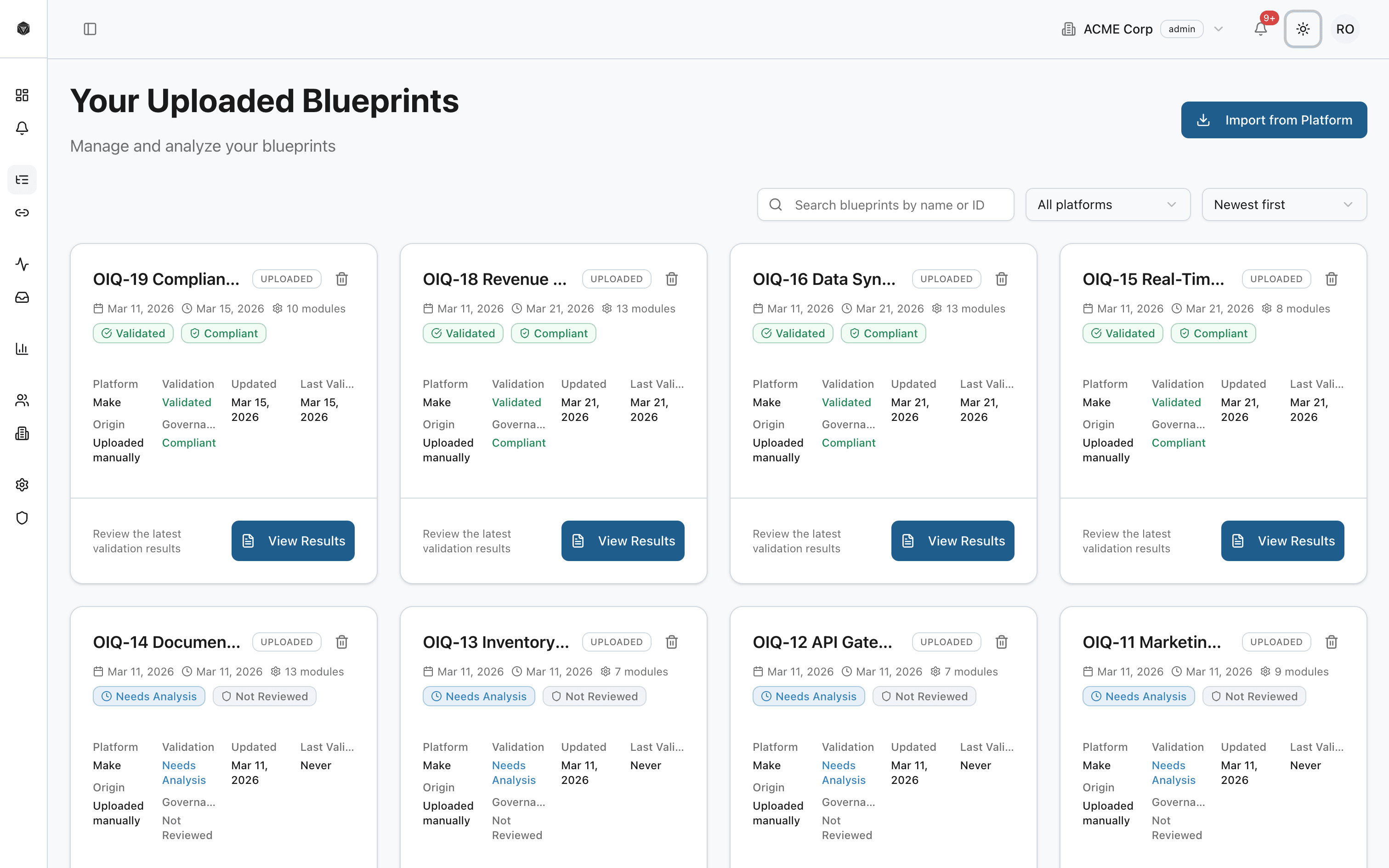 FlowBeacon product screenshot showing uploaded blueprints and validation statuses