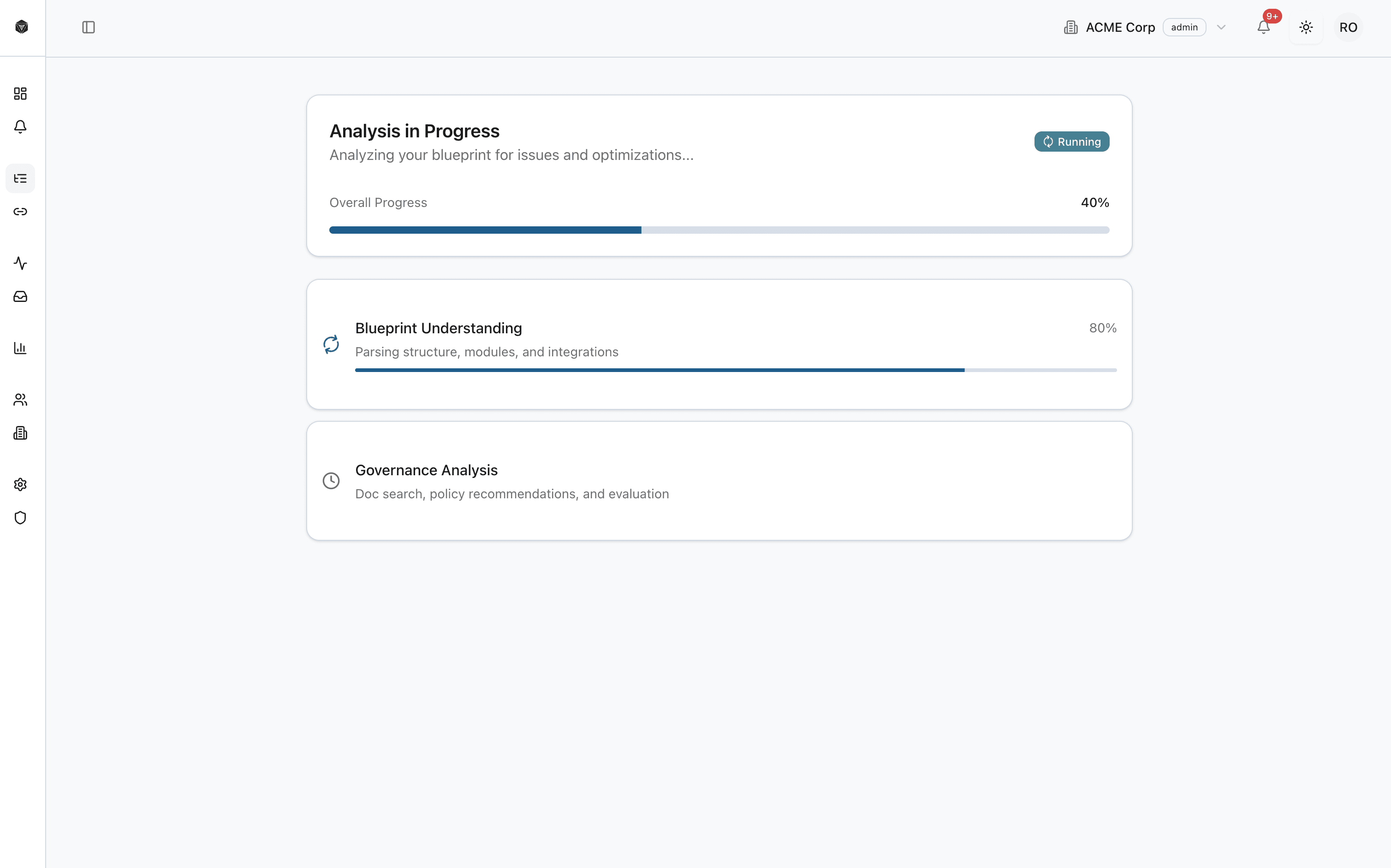 FlowBeacon product screenshot showing analysis progress and governance analysis status