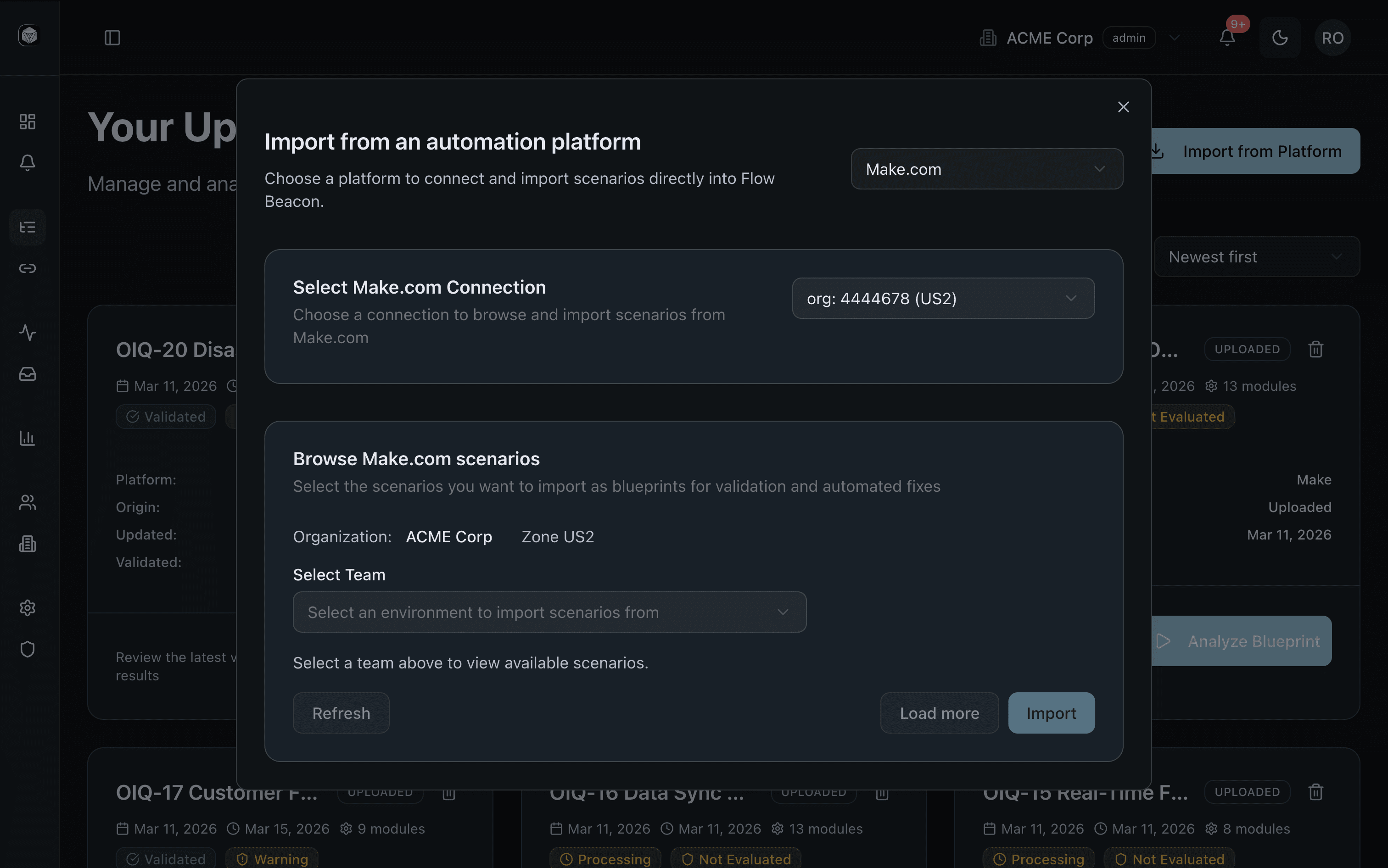 FlowBeacon inventory dashboard showing cross-platform workflow inventory with ownership and dependencies