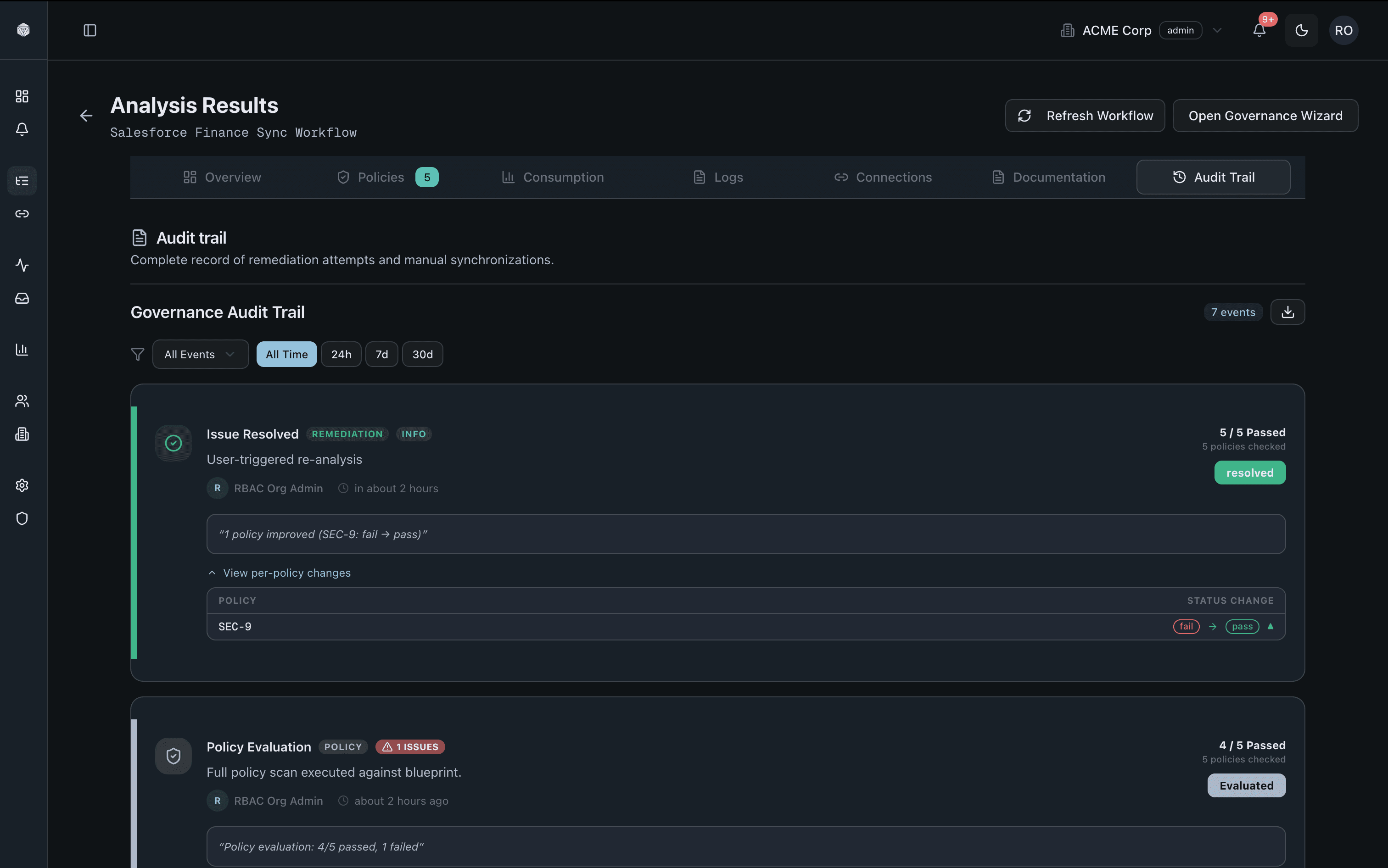 FlowBeacon audit trail screenshot showing logged actions and evidence